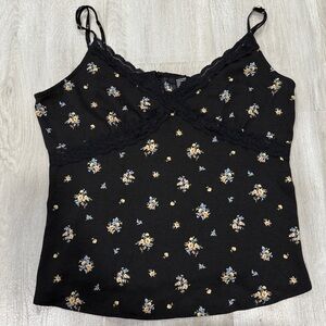 Floral Black Lace Trim Cami Top